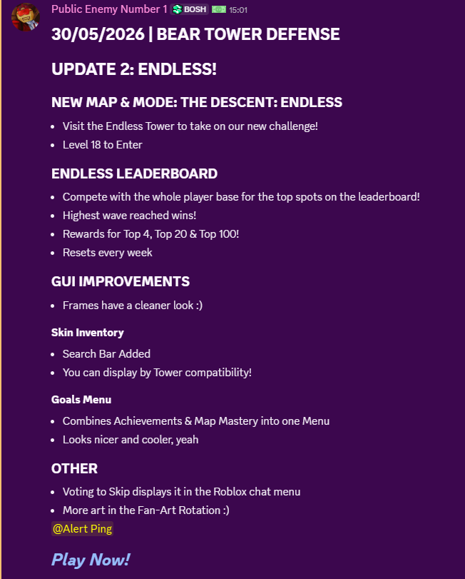 didskengupdate's tweet photo. BEARSTAR NEWS (TD)

The "ENDLESS" update for BEAR TD has now released, adding a new "Endless" mode with a new map called "The Descent" for it, Weekly Endless leaderboards, GUI Improvements, and more!

Play Now: https://t.co/cRgm6XBBlY https://t.co/j07Qu3kbpo
