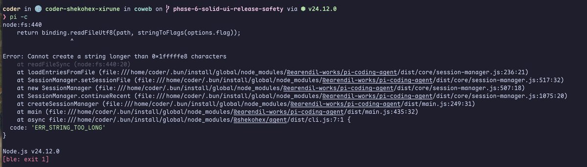 ShekoHex's tweet photo. I got a pi session going for days, it is over 600MB session file, and now pi crashes when we I try to open it again, like it says Man you should really start a new session at this point lol https://t.co/GUGReCxYLB