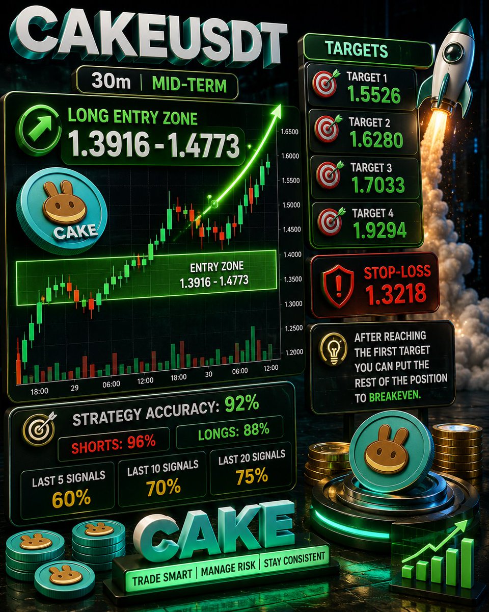 tradingheights's tweet photo. 📩 #CAKEUSDT 30m | Mid-Term
📈 Long Entry Zone: 1.3916-1.4773

Last 5 signals: 60%
Last 10 signals: 70%
Last 20 signals: 75%

⏳  Details:
Target 1: 1.5526
Target 2: 1.6280
Target 3: 1.7033
Target 4: 1.9294
🔺 Stop-Loss: 1.3218
$CAKE https://t.co/w2M6ivh4Ak
