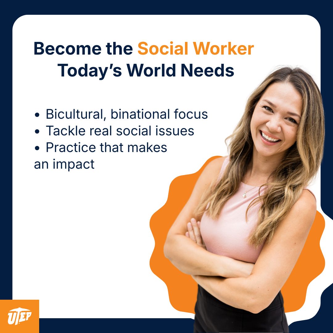 UTEPConnect's tweet photo. Not all social work programs prepare you for real-world complexity.

UTEP’s online MSW features a Border Region specialization, building skills to serve diverse communities.

Learn more:  https://t.co/IES7N8x2Hq https://t.co/DwZKNxL6yu