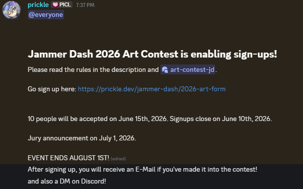 pricklety's tweet photo. Jammer Dash 2026 Art Contest

Hello everyone! I am hosting a contest where anyone can sign-up and create art for Jammer Dash Version 0.20

More info in the image and link: https://t.co/DVfE7d8VWz https://t.co/0IVQVh4c7W