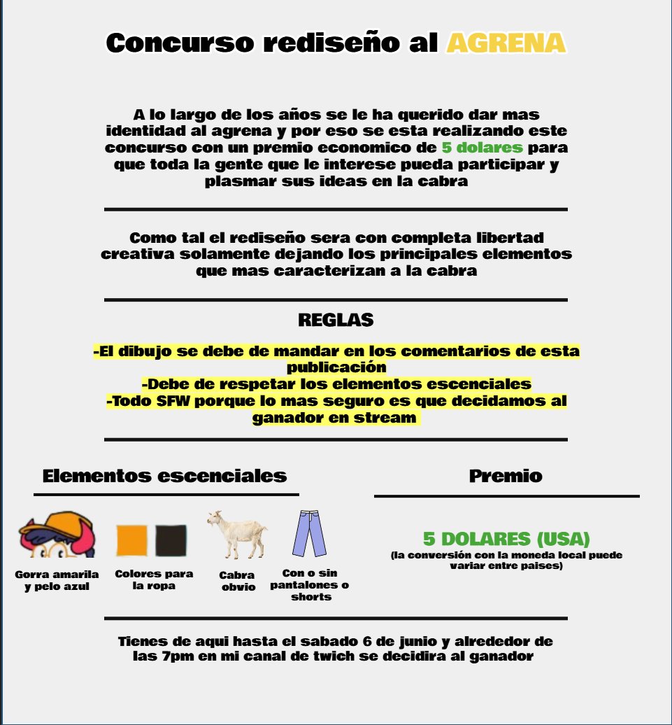TheEgrena's tweet photo. HOLIS GENTA ACA CONCURSO!!!

Si quieres ganar 5 dolarucos y participar en el rediseño del Agrena puedes participar en esta dinámica. El ganador se decidirá el próximo sábado en stream a las 7 PM (mexico centro), recuerda que si quieres participar coloca tu dibujo acá abajo 
⬇️ https://t.co/wOkI7dmnHA