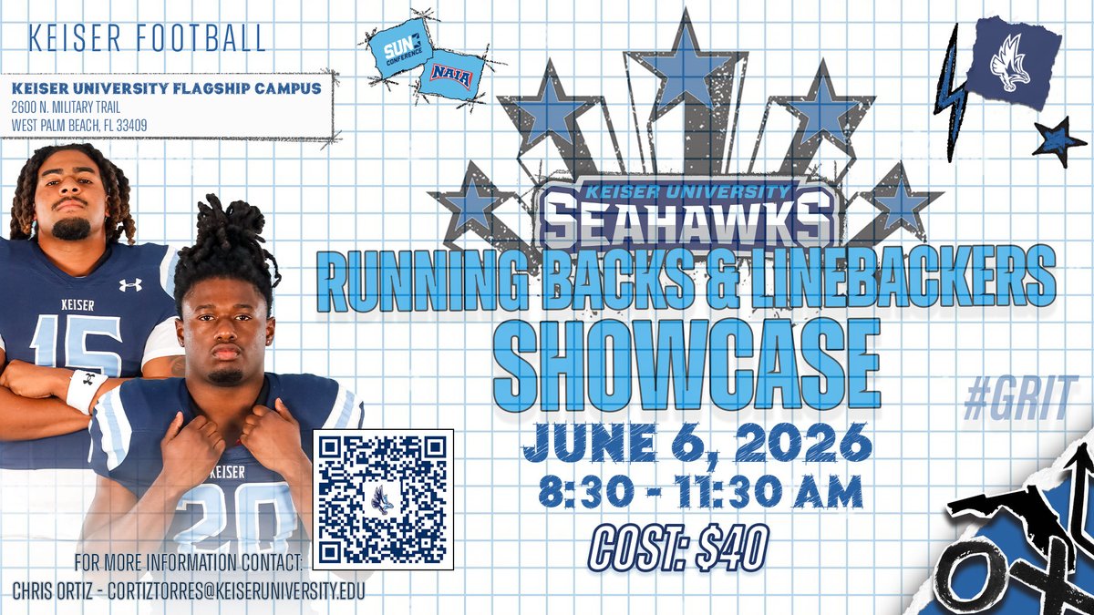 KeiserFootball's tweet photo. 1️⃣ Week out from our position camps❗️These camps are a complete eval on the position from the film room to the field, to OL/DL having pads showing who is physical, this is a true development camp that you don’t want to miss. QR codes for each camp are below. #GRIT #SeahawkFast 🦅 https://t.co/tADyshqRrU