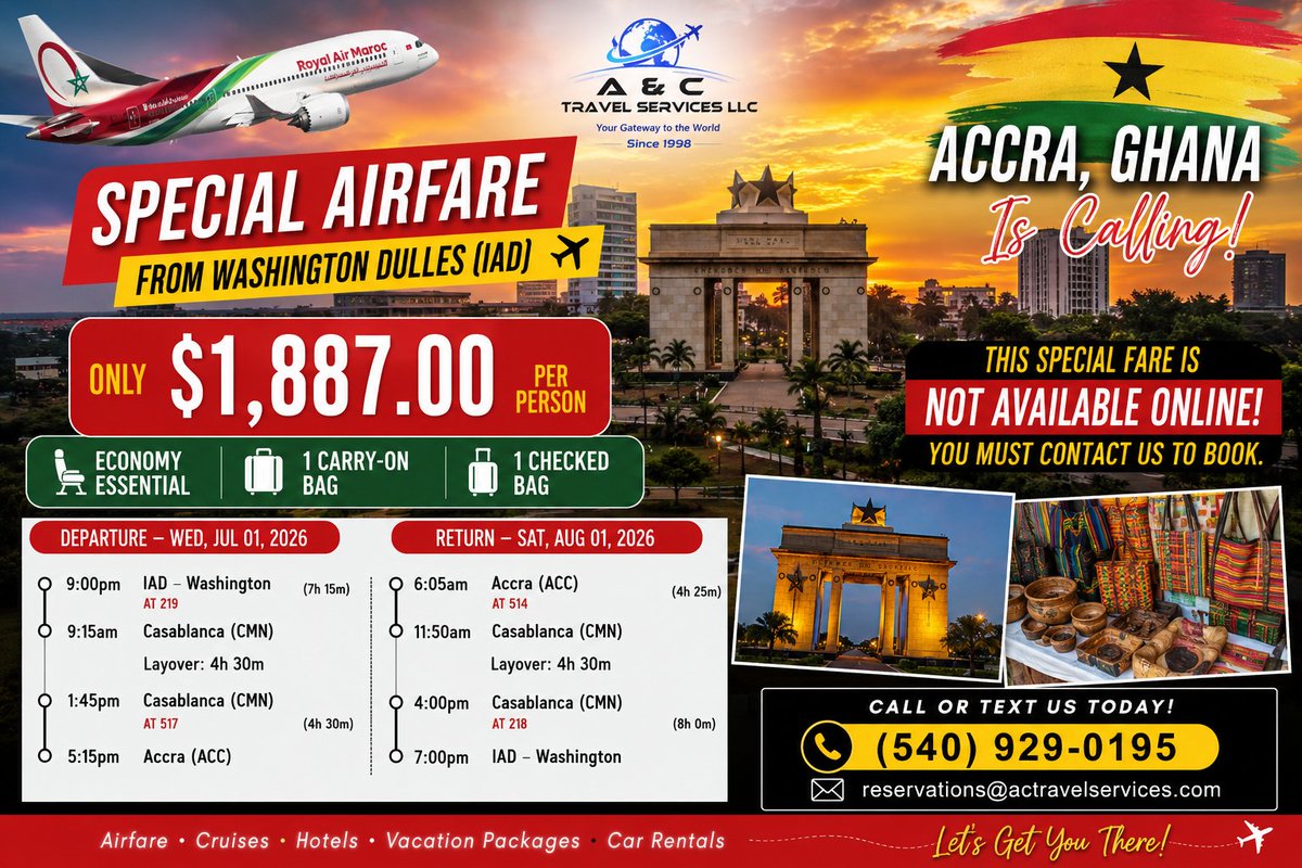 ACTRAVELSERVICE's tweet photo. ✈️ SPECIAL ACCRA FARE! IAD ➡️ Accra, Ghana from $1,887 RT. Includes 1 carry-on &amp; 1 checked bag. Not available online! Call/Text (540) 929-0195 or email reservations@actravelservices.com. #GhanaTravel #ACTTravelServices #TravelDeals
https://t.co/snwkPAUFrI https://t.co/Xw7m7qSNCM