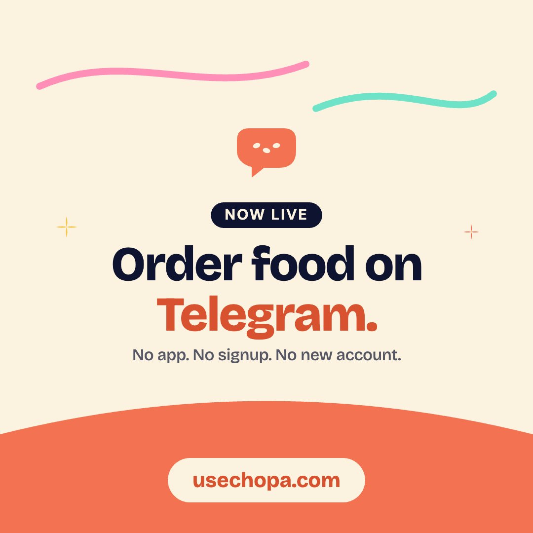 usechopa's tweet photo. We are live! 🎉
Order food from your favourite local kitchens right inside Telegram. No app install, no new account.
 🔗 https://t.co/QzR7Ug9rIp https://t.co/vRzmFZtRiS