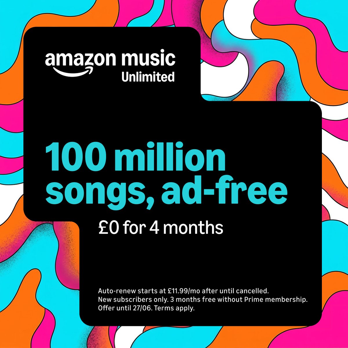 amazonmusic's tweet photo. Free 4 months of unlimited access to ad-free music for a limited time. Terms apply.