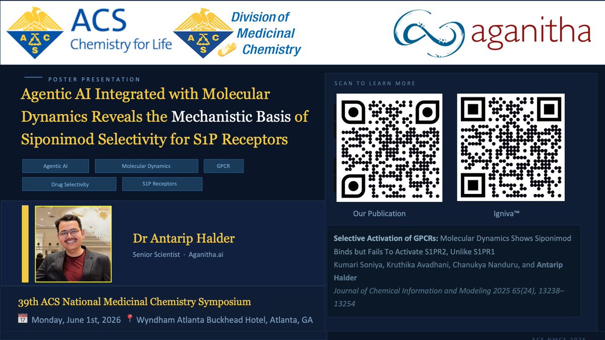 AganithaAI's tweet photo. 📣 @AntaripHalder  is presenting a poster at ACS National Medicinal Chemistry Symposium in Atlanta.

“Agentic #AI Integrated with #MD Reveals the Mechanistic Basis of Siponimod Selectivity for S1P Receptors,” explores subtype selectivity across highly homologous GPCRs. https://t.co/ag1Z8g3MOh