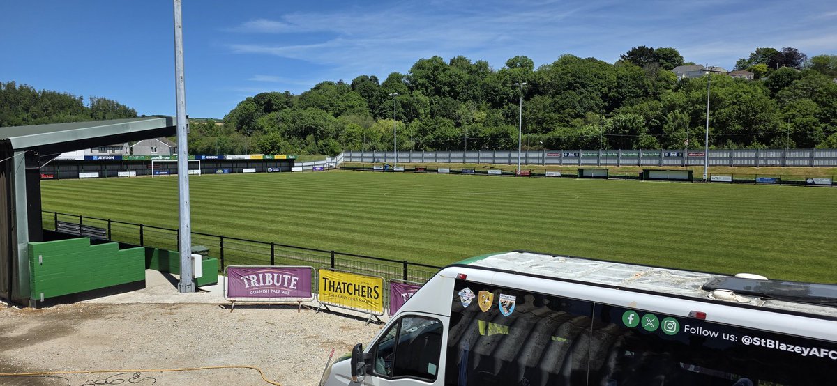StBFCPaul's tweet photo. The remaining posts from the original home end were cut down today @StBlazeyAFC. Certainly made to last. But their time is up. The old clubhouse was powerwashed ready to be painted. First light cut since seeding. Glorious weather. @Cornishfootball @swsportsnews @KJMsport57 https://t.co/lv5tRN5fgV