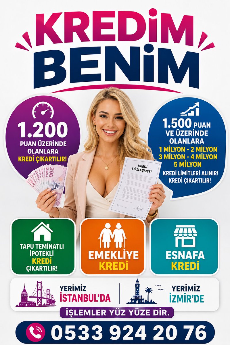 kredimbenim's tweet photo. 1200 puan ve üzeri olanlara #kredi 
Tapu ipotekli kredi , 
Emekliye krediler , 
Esnafa kredi, 
1500 puan üzerine yüksek limitler
#kredimbenim  0533 924 20 76
#istanbul #ankara #bursa #kocaeli #sakarya #tekirdağ
#edirne #bolu #düzce #gebze #çorlu #balıkesir #izmir #antalya #para https://t.co/nP3fgjacZ0