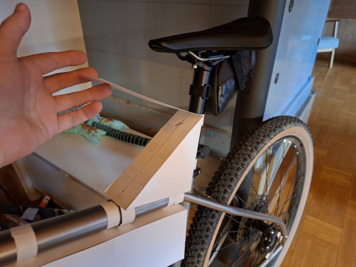 GasFloryHobby's tweet photo. I want to do some long distance cycle events once I am recovered from my surgery - something I miss is extra storage space. Following the info from https://t.co/UxGawb5b1h I tried to design some frame bags and quickly prototyped them out in card. Pretty happy! Can I make them? 🤣 https://t.co/y5kFrgO6UZ