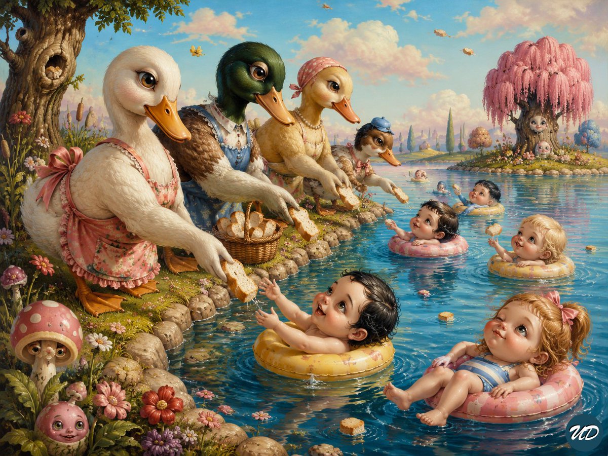 deebeeeff's tweet photo. @RockGrokAI #promptshare #ChatGPTapp a lowbrow pop surrealism image of ducks standing on a shore feeding pieces of bread to little children who are floating happily on a pond; https://t.co/UZMCNss9A4