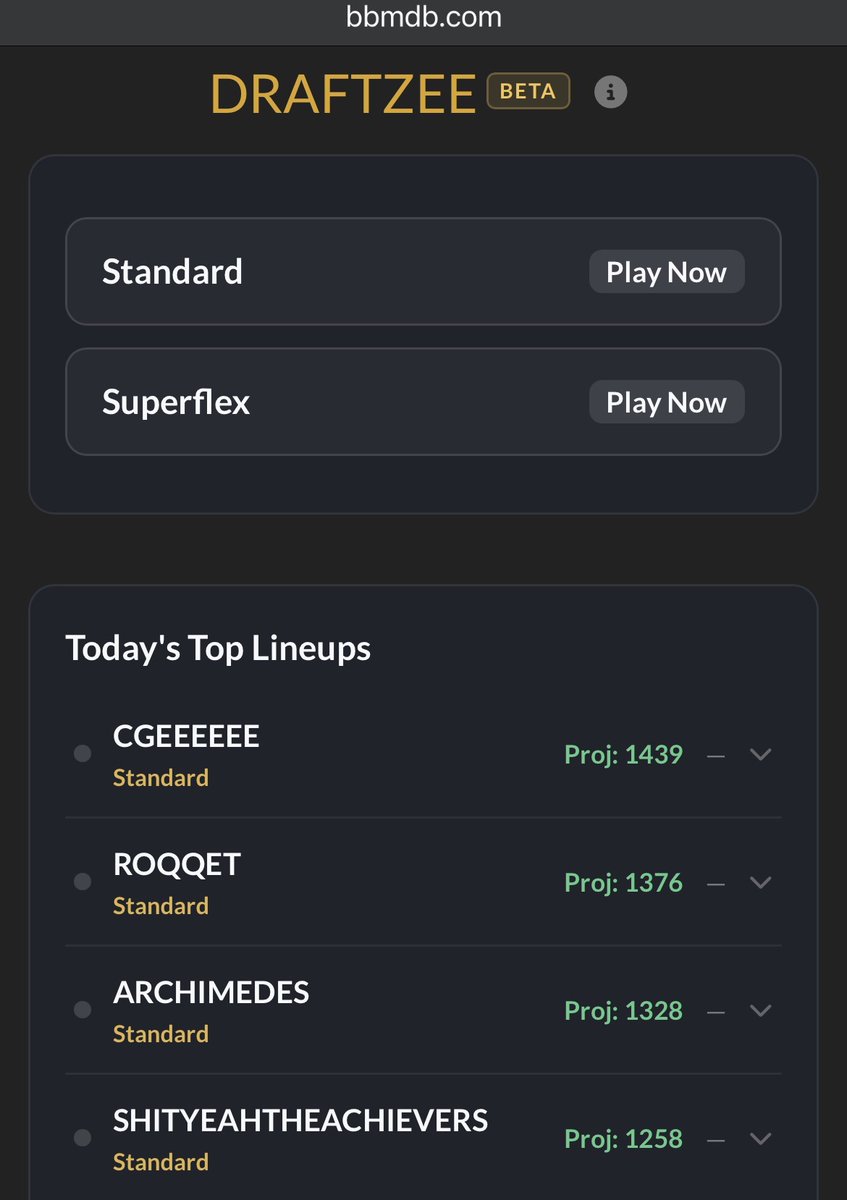 Diablo_II's tweet photo. Feedback welcomed on Draftzee™️, a daily draft game

1. Roll 3 lineups
2. Lock players you want to keep, and reroll the rest (higher adp -> higher rarity)
3. Submit your best lineup each day
4. Compete against everyone else during the regular season https://t.co/CpTDpqKDPI
