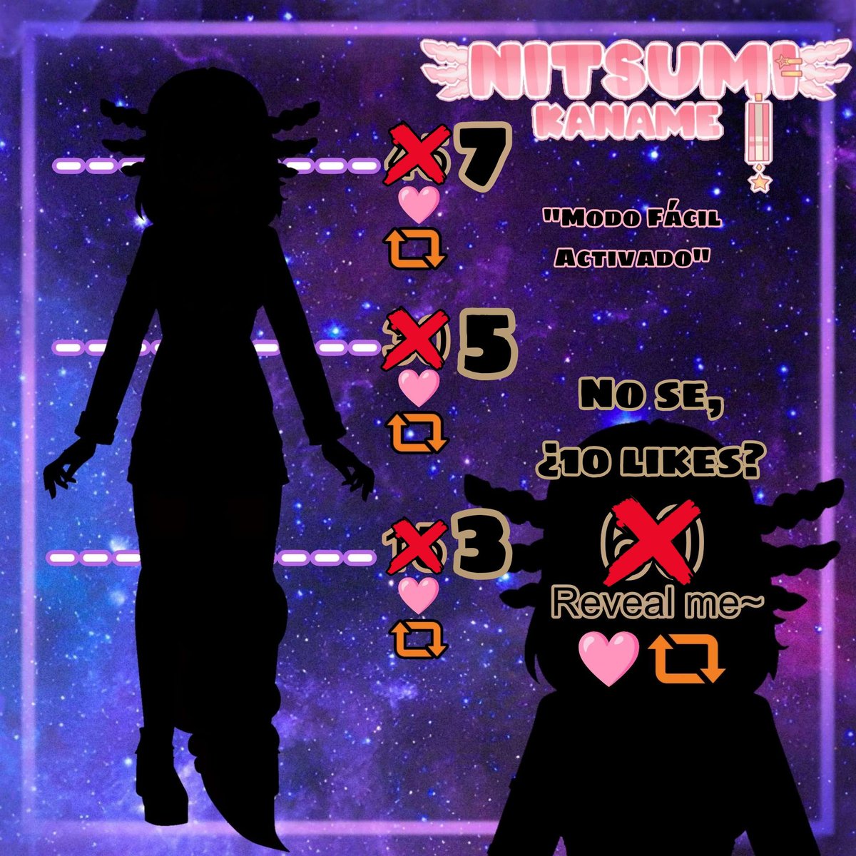 NitsumiKanameVt's tweet photo. Bueno! Quizas el modo normal del reveal fue "demasiado difícil" (Como un Dark Souls)

Así que me tome la libertad de bajar la dificultad al modo fácil! (Hay un modo extra fácil, espero que no lleguemos a eso xd)

La meta final es llegar a 1️⃣0️⃣, 
ánimo ✨🌸
#Vtuber #VtuberUprising https://t.co/xwMuSQStCI