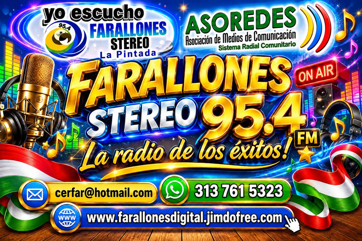 FARALLONESDIGIT's tweet photo. Farallones Stereo 95.4 FM
🎙️ La radio de los éxitos para el mundo entero 🌎
Con pasión, alegría y compromiso comunitario, acompañando a los oyentes de Antioquia, Caldas, Risaralda, el Valle y a quienes escuchan su señal digital desde cualquier lugar del planeta. https://t.co/7RjuPZQY1L
