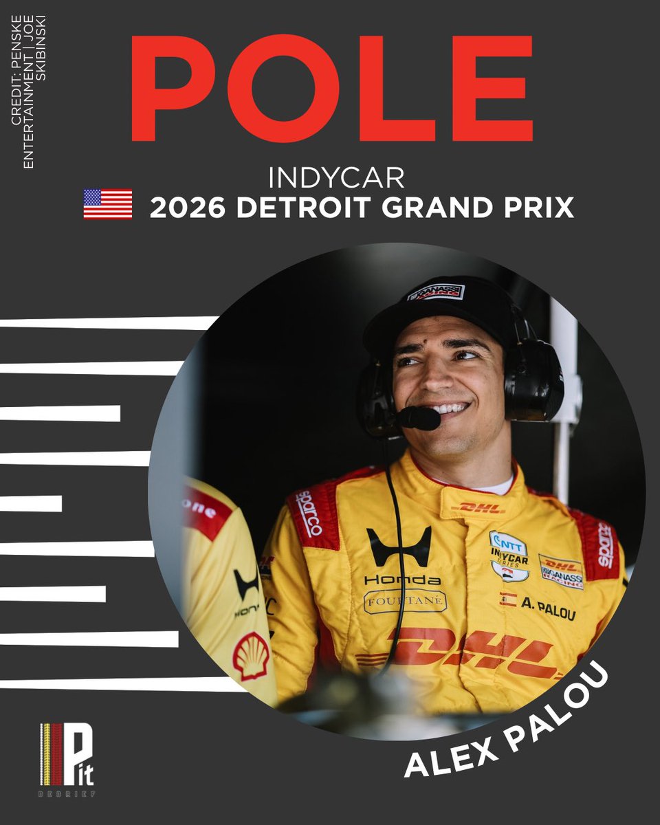 PitDebrief's tweet photo. Alex Palou takes pole in Detroit! 🇺🇸

The reigning IndyCar champion will start from the front for the 2026 Detroit Grand Prix after a strong qualifying performance on the streets of Detroit.

#IndyCar #DetroitGP #Motorsport https://t.co/05fHQtgYvX