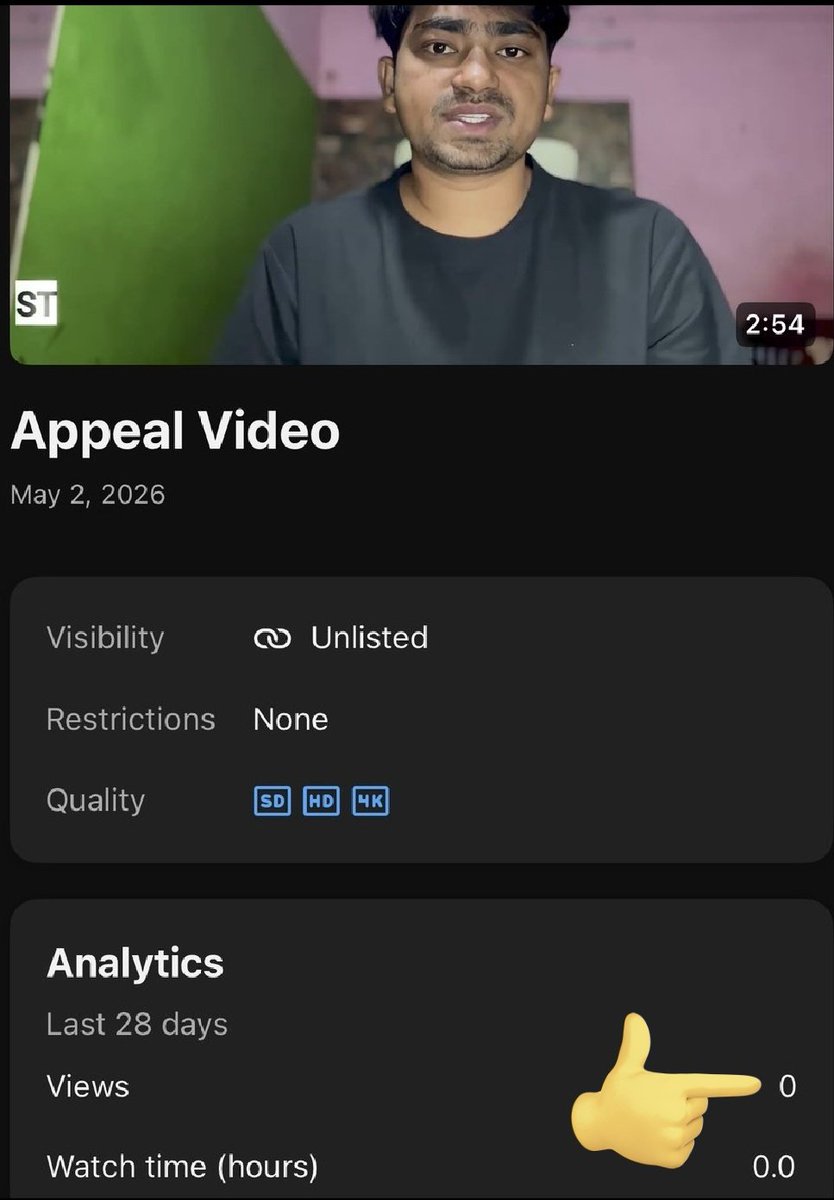 NeerajThakurX's tweet photo. @TeamYouTube @danbayron6 @Dolly_jade_ @CriticsAnalysis @DuodmansYt @AinzolS14486 @WoodWalkerX @Quadrotes @Kolvesky @mchopscustoms @SkilawAI However, I would like to clarify that this is my first Appeal Video, not Another one. This Appeal Video still has 0 VIEWS, which directly indicates that my appeal was instantly REJECTED without the video being Reviewed. https://t.co/l59AEGVodz