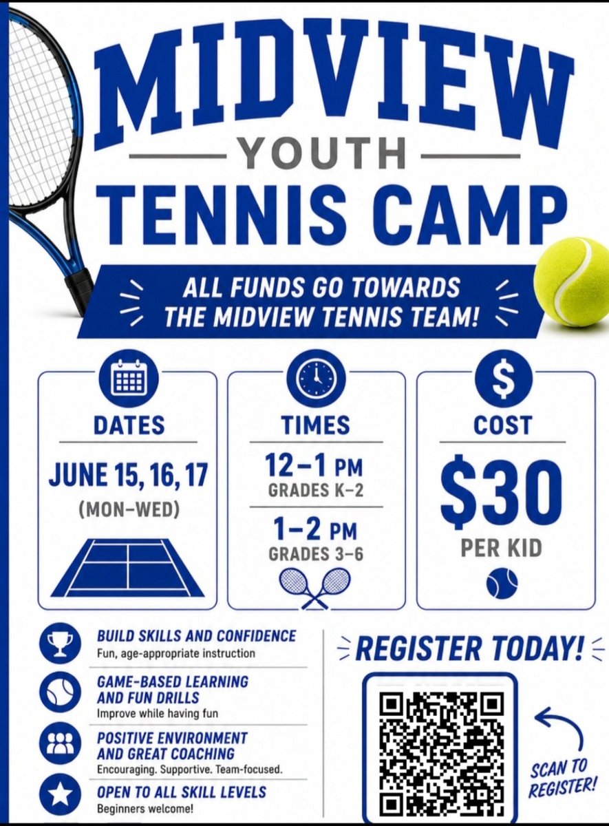 midview_tennis's tweet photo. 🎾 Midview Youth Tennis Camp 🎾
June 15–17
K–2: 12–1 PM
3–6: 1–2 PM
$30/player

Learn skills, play games &amp; meet Midview HS tennis players and coaches! 💙🎾

Register:
https://t.co/uGsLKbdkSj https://t.co/mYYjXhfzvB