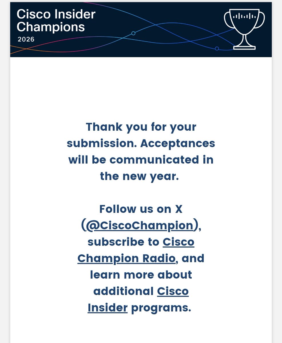 3xPierre's tweet photo. I've been plugged in since 2018 and counting.. looking forward to the new Cisco Champion Year.
#DevNet #CiscoDevNet #DevNetCreate
@CiscoChampion https://t.co/vo7KzjLBnP