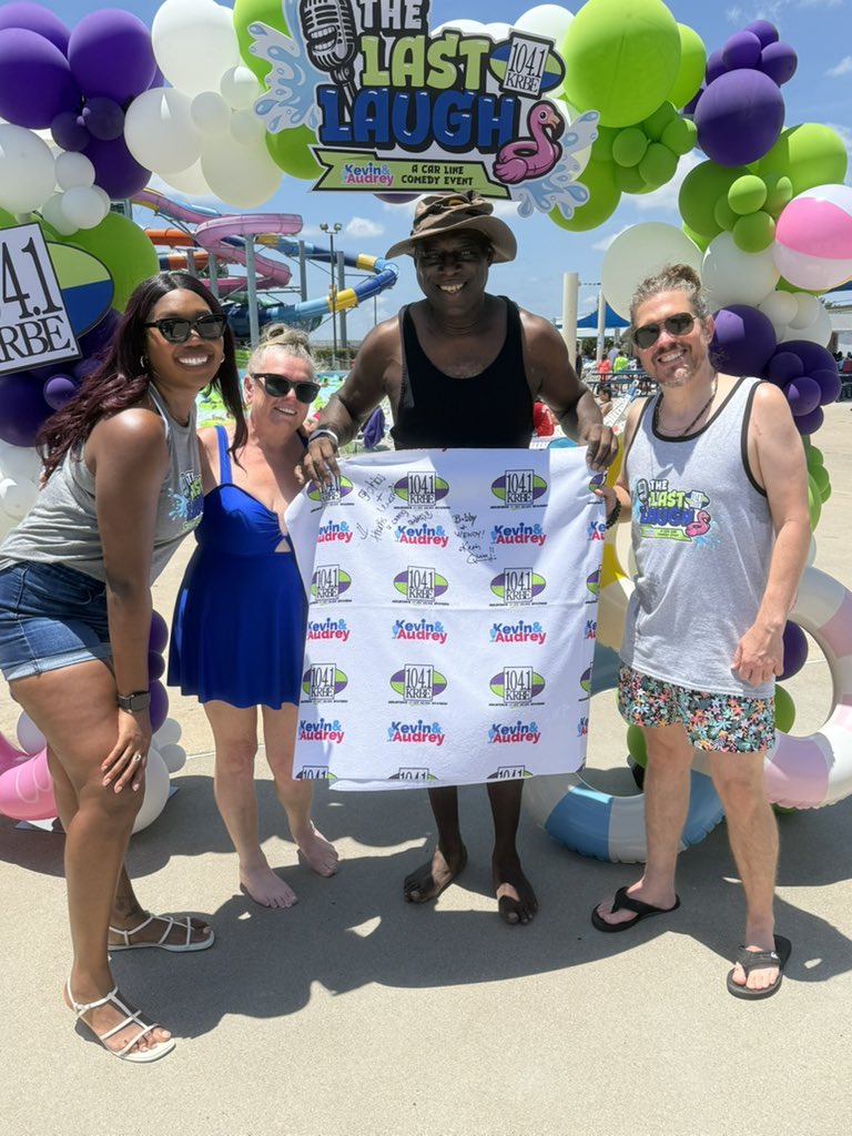 krbe's tweet photo. We kicked off the summer ☀️ with Kevin &amp; Audrey’s Last Laugh 😂 at Typhoon Texas today! 😎 Thanks for hanging out with us! 

#KRBE #KevinandAudrey #LastLaugh #summer https://t.co/kbksD0HLuJ