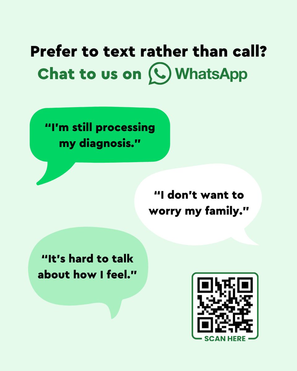 Prefer to text rather than call? Chat to us on WhatsApp. You may still be processing a diagnosis, not want to worry your family, or find it hard to talk about how you feel. Image contains QR code to scan to begin a chat with Macmillan.