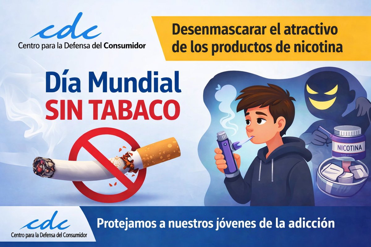 CDCElSalvador's tweet photo. 🚭 Día Mundial Sin Tabaco – 31 de mayo. La industria del tabaco y la nicotina busca atraer a jóvenes con productos que parecen inofensivos, pero generan adicción.
💬 Desde el CDC desenmascaramos estas tácticas y proteger a nuestras nuevas generaciones. #DíaMundialSinTabaco https://t.co/bRhxpUvxz6