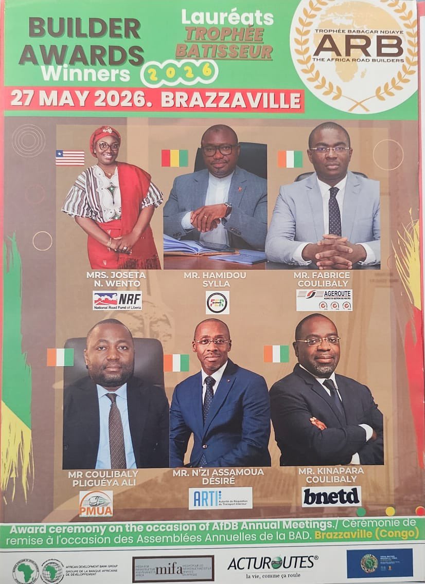 AgerouteCi's tweet photo. AGEROUTE News 📣

11ᵉ édition de Africa Road Builders (ARB) : Le Directeur Général de l’AGEROUTE distingué

En marge des Assemblées annuelles 2026 de la Banque Africaine de Développement (BAD), organisées à Brazzaville du 25 au 29 mai 2026, s’est tenue la cérémonie de distinction The Africa Road Builders (ARB) – Trophée Babacar N’Diaye 2026, initiative portée par ACTUROUTES.

À cette occasion, le Directeur Général de l’AGEROUTE, M. Fabrice COULIBALY, a été *distingué lauréat du Trophée Bâtisseur 2026*, aux côtés de plusieurs responsables d’institutions intervenant dans le secteur des infrastructures et du transport en Afrique, notamment ceux du BNETD, de l’ARTI, du PMUA ainsi que des Fonds d’Entretien Routier de la Guinée et du Liberia.

Cette distinction a été décernée lors d’une cérémonie organisée en marge des Assemblées annuelles de la BAD, en présence de nombreuses personnalités issues des secteurs des infrastructures, du transport et du développement.

Le Super Prix Grand Bâtisseur Babacar N’Diaye 2026 a, quant à lui, été attribué au Président de la République de Guinée, SEM Mamadi Doumbouya.

Cette reconnaissance vient mettre en lumière les actions menées en faveur du développement et de la modernisation des infrastructures routières en Côte d’Ivoire.