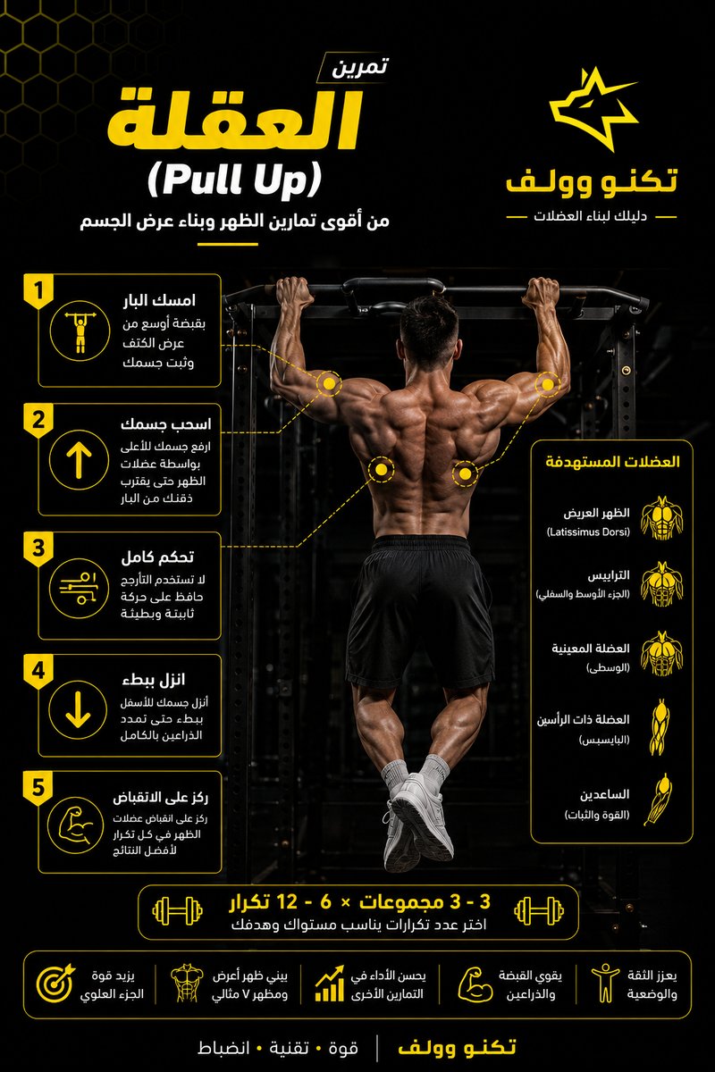 TechWLF's tweet photo. العقلة (Pull Up)
من أقوى تمارين الظهر وبناء عرض الجسم 👌

لا تعتمد على التأرجح
اسحب بجسم ثابت وتحكم كامل 💪

كل تكرار صح يبني ظهر أعرض وأقوى
ويزيد قوة السواعد ��التحمل 🔥

إذا أتقنت العقلة؟
مستوى جسمك بيتغير بالكامل 🐺

تبي جدول تمارين؟
https://t.co/XuYlo39Bkc https://t.co/6ucsymtEUY