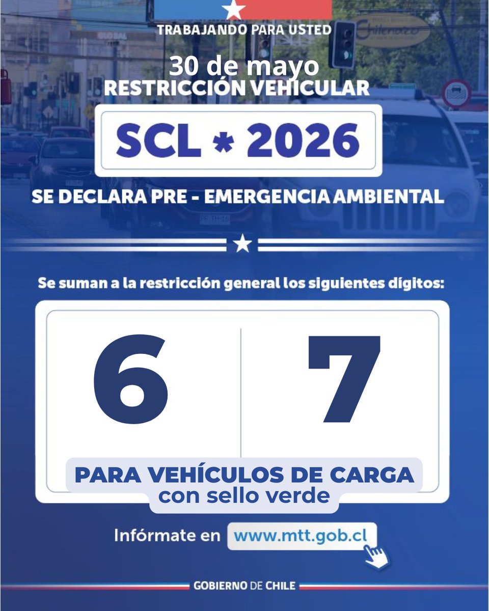 MTTStgo's tweet photo. 🚨 PREEMERGENCIA AMBIENTAL  Sáb 30 de mayo 2026 
SeremiTTRM informa:

Vehículos de transporte de carga con sello verde Dígitos: 6 – 7
TIENEN RESTRICCIÓN DE CIRCULACIÓN Al interior del perímetro delimitado por anillo Américo. Vesp. entre 10:00 y  18:00   https://t.co/tnNxxLVarI https://t.co/Bbo1ZlCFb0