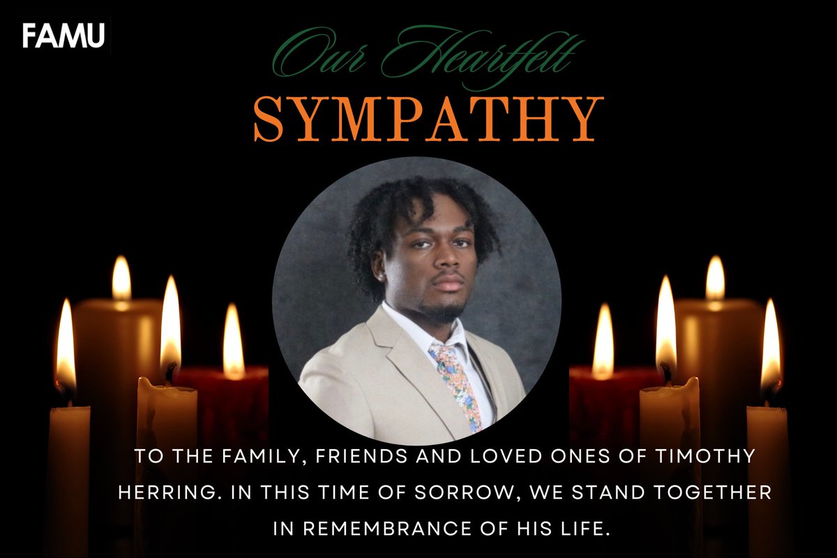 FAMU_1887's tweet photo. FAMU mourns the loss of Timothy Herring, a psychology graduate student. Our thoughts are with his family, friends, classmates, and all who knew him. 

Students may access support through BetterMynd: (844) 287-6983. Faculty and staff may contact EAP: (850) 272-7252. 💚🧡🙏🏾 https://t.co/QGUZj6cIQr