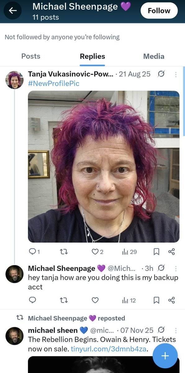 DianneJE2's tweet photo. As usual when Michael Sheen takes a social media break the imposters move in... Fortunately he has a little army of blockers &amp; reporters - let's do our thing  for him! https://t.co/bgQRlnLRxs