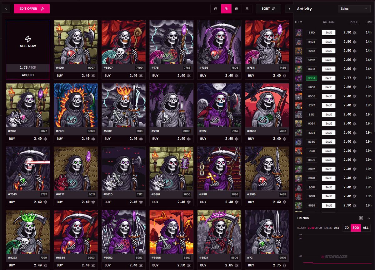 Underworld_NFTs's tweet photo. ⚰️ The Necropolis continues to grow stronger inside the Underworld. 👁️

244 sales.
A 2.4 $ATOM floor.
And the graveyard is still active. 🌑
Stake your Necropolis NFTs at @NecroVaults to earn:

💀 $BANE
 🪦 $RUIN
🎟️ Raffle entries
🎁 Lootboxes
⚡ Underworld ecosystem rewards
The dead don’t sleep in the Underworld anon…
they generate yield. 🔥