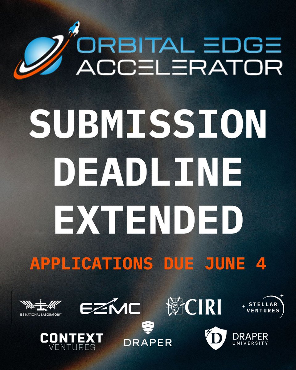 draper_u's tweet photo. 🧑‍🚀🛰️Building in space tech, biotech, or advanced materials? Don’t miss out. Deadline extended!

Apply to the Orbital Edge Accelerator by June 4, 2026 for a chance at $500K–$750K in funding + a $100K Boeing prize.
 
https://t.co/4fFBtg1CE8

@draper_u @DraperVC @ISS_CASIS @CIRI @VenturesSt20251 @SpaceWERXDOD