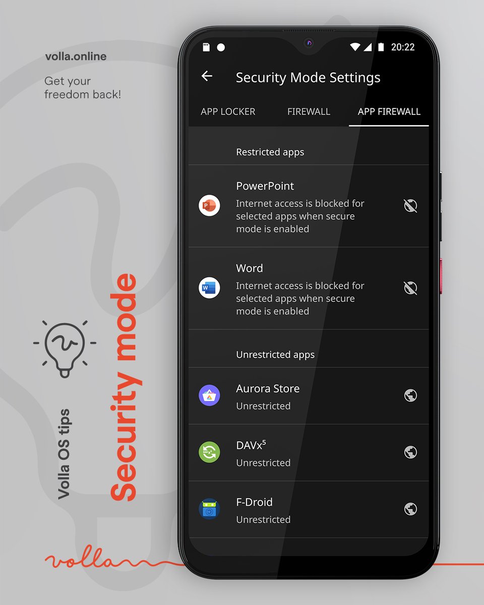 hello_volla's tweet photo. Volla OS tip:

✅ Control Internet access for individual apps with a single gesture by activating security mode.

👉Click on the globe in security mode settings under App Firewall.

#Volla #VollaOS #OpenSource #Software #Hardware #Tip https://t.co/3HhKtLsom2