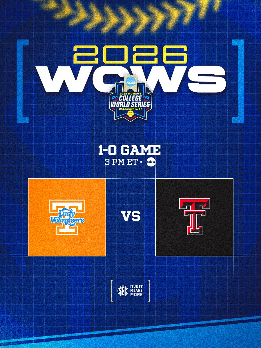 SEC's tweet photo. Time to bring it.
#WCWS 1-0 GAME
🥎 @Vol_Softball vs. Texas Tech
📺 ABC & in the ESPN app: https://t.co/gbzYLbnmri
#SECSB x @NCAASoftball https://t.co/iZQqK0c3q9