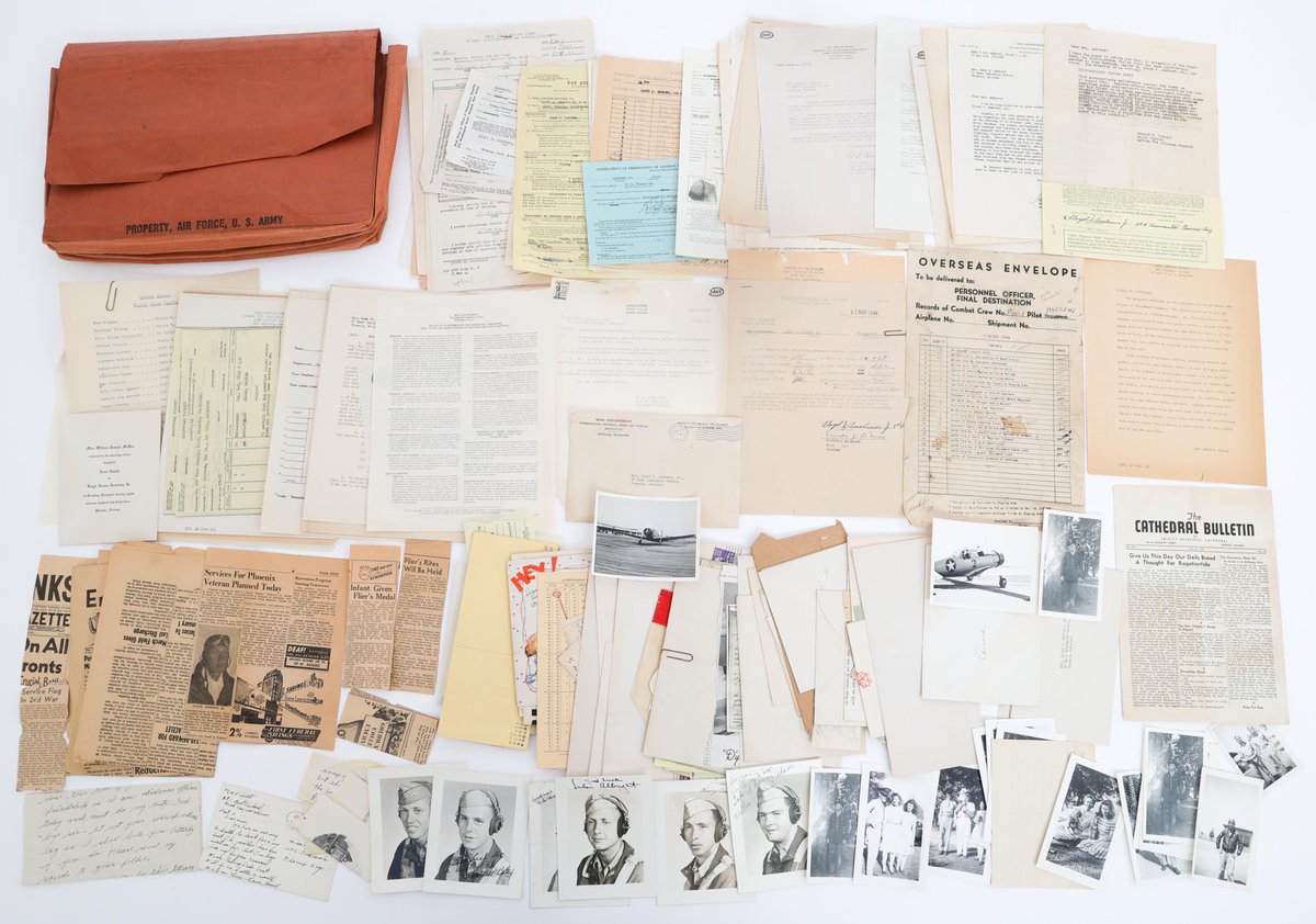 CenturionArms's tweet photo. On Auction Tomorrow (Sunday / May 31st) | WWII 1944 KIA / Killed In Action P-38 Fighter Pilot 2nd Lieutenant Lloyd J. Andrews Named Medals and Family Archive. Andrews had just completed his 73rd Combat Mission on October 20, 1944, 12 miles south of Cologne, Germany when he was shot down and killed. - Lot 156226

Bid Now Live Online @ https://t.co/kANEr1rKC3

In-House Global Shipping

2nd Lieutenant Lloyd J. Andrews, Pilot of P-38, No. 42-67189, was born in 1924 in Arizona. Andrews enlisted in the Army Air Force on September 14, 1942 and trained on an ATC-6 at Salinas Air Base. He met his wife, Anne Estelle, while training, and married on December 28, 1943. Andrews was discharged as a cadet on January 6, 1944, and officially commissioned as an officer on January 7, 1944. The couple filed their life insurance, and a loan from the Bank of Arizona, the same week. Andrews shipped out for Europe a few months later in May. Andrews earned the Distinguished Flying Cross following the destruction of more than a dozen fuel trucks, a tank, and a train at a German supply rail yard on August 12, 1944. After completing his 73rd Combat Mission on October 20, 1944, 12 miles south of Cologne, Germany, Andrews was shot down and killed. He was 20 years old at the time of his death. In a War Department letter to his wife, dated February 1945, the German Red Cross reported that he had been buried that same day after being shot down. Another War Department letter, dated August 1946, informed her that he had been reburied at the US Military Cemetery in Neuville-En-Condroz, Belgium, in Plot H, Row 10, Grave 239. He earned the Air Medal, Purple Heart, and Distinguished Flying Cross. The DFC was awarded posthumously, and presented to his 9-month-old daughter on December 27, 1945, one day short of what would have been the couple's two-year wedding anniversary.

Select the following URL (copy & paste in browser) to view a gallery format of the 56 images associated with this lot:
https://t.co/Zy7gZgwDMo

The archive includes:

Named Distinguished Flying Cross. Named to Andrews on the reverse. In original box with Army Service Forces issuance card.

Air Medal. In original box with Army Service Forces issuance card.

(2) Purple Heart Secretary of War Signed Certificates. Dated 1945 and 1947. Autopen signed by Secretaries of War, Henry L. Stimson and Robert P. Patterson. Awarded posthumously.

Presidential KIA Memorial Certificate from Harry Truman. Autopen signed.

Binder with photo print of Andrews and Lyndon B. Johnson signed letter of appreciation. Autopen signed.

(10+) Photo copies of War Department forms including Missing in Action aircraft reports, official KIA and aircraft loss reports, family death notice telegrams, and more.

Framed American Legion Gold Star Citation. Autopen signed.

(3) 4th Army Air Corps and Cadets Shoulder Patches.

Luftwaffe embroidered eagle, uniform cut-off section.

Paper Folio Framed Wedding and Flight Suit Portrait Photos.

Family Records: Most documents, letters, photos, and military and civilian receipts from the pilot and his wife are hand signed. Includes: Pilot's Life Insurance Policy Forms. Last Will and Testament. Officer Commission Certificate. Training and qualification documents. Missing Air Crew Reports and documents related to his final mission. Uniform purchase receipts. Sidearm receipt form. Distinguished Flying Cross citation. Veterans Association Life Insurance Payout Slips. Bank Loans. War Department death notice telegrams with envelopes. Signed good luck notes on portrait photos from Andrews fellow cadet pilots. Letters and cards from family consoling the widow, and more.

Family Album Collection: Bound in leather wrapped binder. Includes: Several dozen hand written letters between the pilot, his wife, and their family congratulating them on their marriage and baby, and consoling the widow after the pilot's death. Wife's Air Base Visitation ID Cards, pink slip from moving with her husband, leave slips, movie and airline trip tickets. Fighter pilot school graduation programs. Air Base matchbook collection. US Armed Forces Stationary letterhead collection. Desiccated flowers in love letters, and more. (50+) Local Arizona newspaper clippings about Andrews, including his 1942 cadet class inauguration, and the posthumous presentation of his Distinguished Flying Cross to his infant daughter in 1945.

The archive was acquired from the family by the consignor.

********************

Considering selling a wartime military memorabilia collection?

Speak with us today. Our comprehensive collectible wartime militaria auction marketing platform is a powerful conduit to ensure your collectible military pieces reach millions of serious collectors around the globe.

We travel nationally to meet with clients, consult on collections, and to pick up & transport collections.

As an alternative to consignment, we also purchase collections (receive immediate payment).

Consignment & Sale Inquiries: 850-294-7121 | Sell@CenturionAuctions.com

************************

AU3798, AB3250
Buyer's Premium 22.5%
Lic. Federal Firearms Dealer, Class III SOT