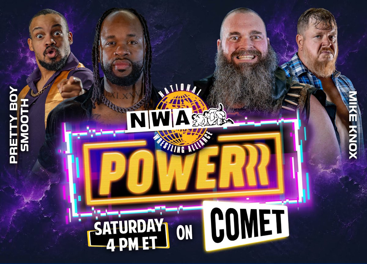 nwa's tweet photo. 𝙏𝙐𝙉𝙀 𝙄𝙉 𝙀𝙑𝙀𝙍𝙔 𝙎𝘼𝙏𝙐𝙍𝘿𝘼𝙔 

𝙉𝙒𝘼 𝙋𝙊𝙒𝙀𝙍𝙍𝙍 on Comet is only an hour away! Catch an all-new episode every Saturday at 4PM ET / 3PM CT / 4PM PT on @WatchComet.

𝙏𝙝𝙞𝙨 𝙒𝙚𝙚𝙠:
⚡️NWA World Tag Champs The Immortals defend against The Country Gentlemen @AjCazana & @CazanaKC with Col. @CazanaJoe!
⚡️NWA World Women’s TV Champ @GiseleShaw08 takes on “The Supreme” @SirenaVeil.
⚡️@BookMikeKnox returns from injury to face @PrettyBoySmooth with @ThePastorCLo — with @TheRealTMurdoch on commentary!
⚡️@AlexTaylorBrand squares off with debuting @AxtonRay96!

Don’t miss the action & excitement of 𝙉𝙒𝘼 𝙋𝙊𝙒𝙀𝙍𝙍𝙍 on Comet, today at 4PM ET!