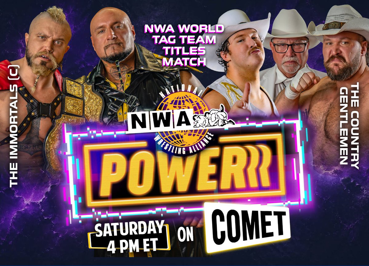 nwa's tweet photo. 𝙏𝙐𝙉𝙀 𝙄𝙉 𝙀𝙑𝙀𝙍𝙔 𝙎𝘼𝙏𝙐𝙍𝘿𝘼𝙔 

𝙉𝙒𝘼 𝙋𝙊𝙒𝙀𝙍𝙍𝙍 on Comet is only an hour away! Catch an all-new episode every Saturday at 4PM ET / 3PM CT / 4PM PT on @WatchComet.

𝙏𝙝𝙞𝙨 𝙒𝙚𝙚𝙠:
⚡️NWA World Tag Champs The Immortals defend against The Country Gentlemen @AjCazana & @CazanaKC with Col. @CazanaJoe!
⚡️NWA World Women’s TV Champ @GiseleShaw08 takes on “The Supreme” @SirenaVeil.
⚡️@BookMikeKnox returns from injury to face @PrettyBoySmooth with @ThePastorCLo — with @TheRealTMurdoch on commentary!
⚡️@AlexTaylorBrand squares off with debuting @AxtonRay96!

Don’t miss the action & excitement of 𝙉𝙒𝘼 𝙋𝙊𝙒𝙀𝙍𝙍𝙍 on Comet, today at 4PM ET!
