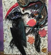 CatKyre's tweet photo. Had to do repair work on this crow I did 2 years ago because the clay dried out and crumbled. I resculpted him + repainted. Also had to fix a 3D picture I did of 2 woodpeckers because it also fell apart.  Both pieces are made with assorted car parts that I found on the streets. https://t.co/LTSn1213ms