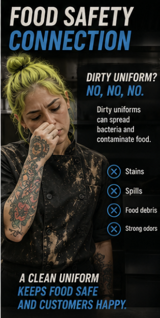 FoodSafetyClass's tweet photo. 🧼👕 Dirty uniforms are a major kitchen no-no

Food stains, spills, and dirty clothing can spread bacteria and hurt customer confidence ✨

Clean uniforms help keep kitchens safer, cleaner, and more professional 😎 https://t.co/M7xcir1Kvu