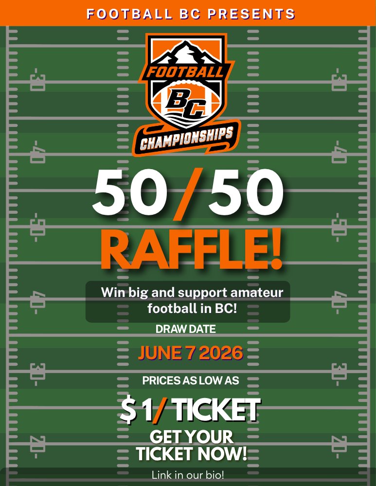 FootballBC_'s tweet photo. Tickets for our 50/50 raffle can be purchased for as little as $1 each! Winner is announced June 7th at 10:00pm. Each purchase supports amateur football across BC. Tickets: https://t.co/3CO175xBuV. #FootballBC #5050Raffle https://t.co/np5bFuzeyC
