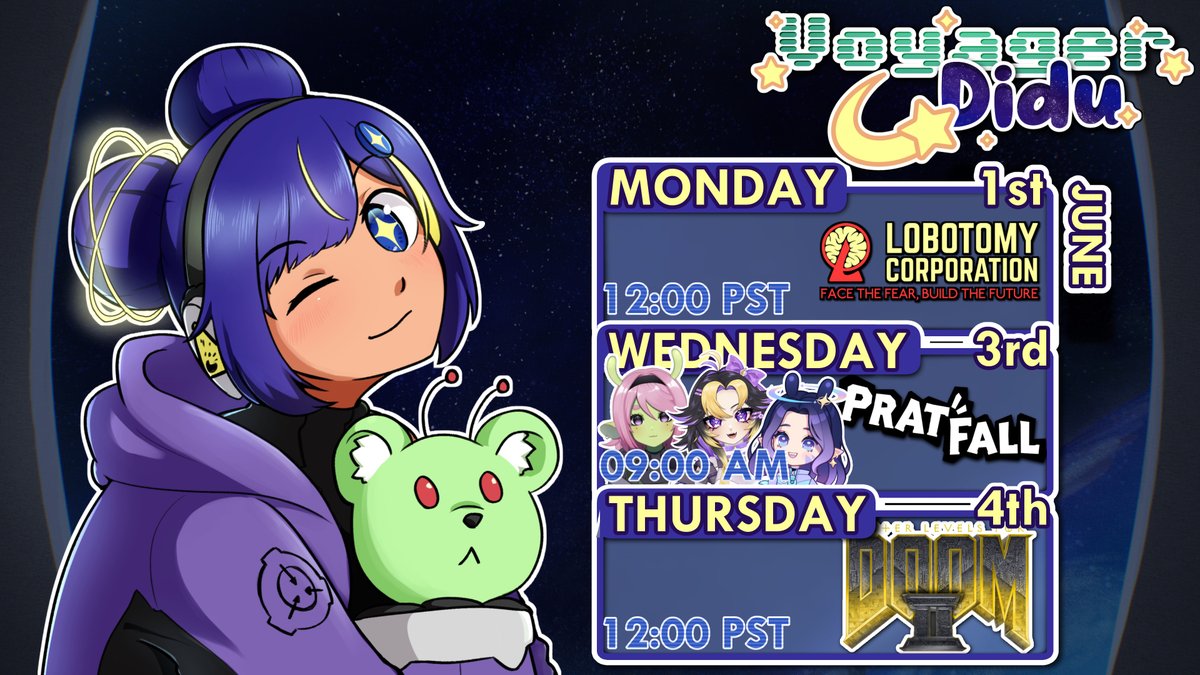 DiduDraws's tweet photo. Hello Earthlings! 🌍🧸
Transmission schedule for the week:
 
Monday 12:00 PST ➡️ Lobotomy Corporation
Wednesday 09:00 PST ➡️ Pratfall with Aria Altair, Luo and Poko Bun 
Thursday 12:00 PST ➡️ Master Levels for Doom II FINALE https://t.co/0Xaa8E5pfO