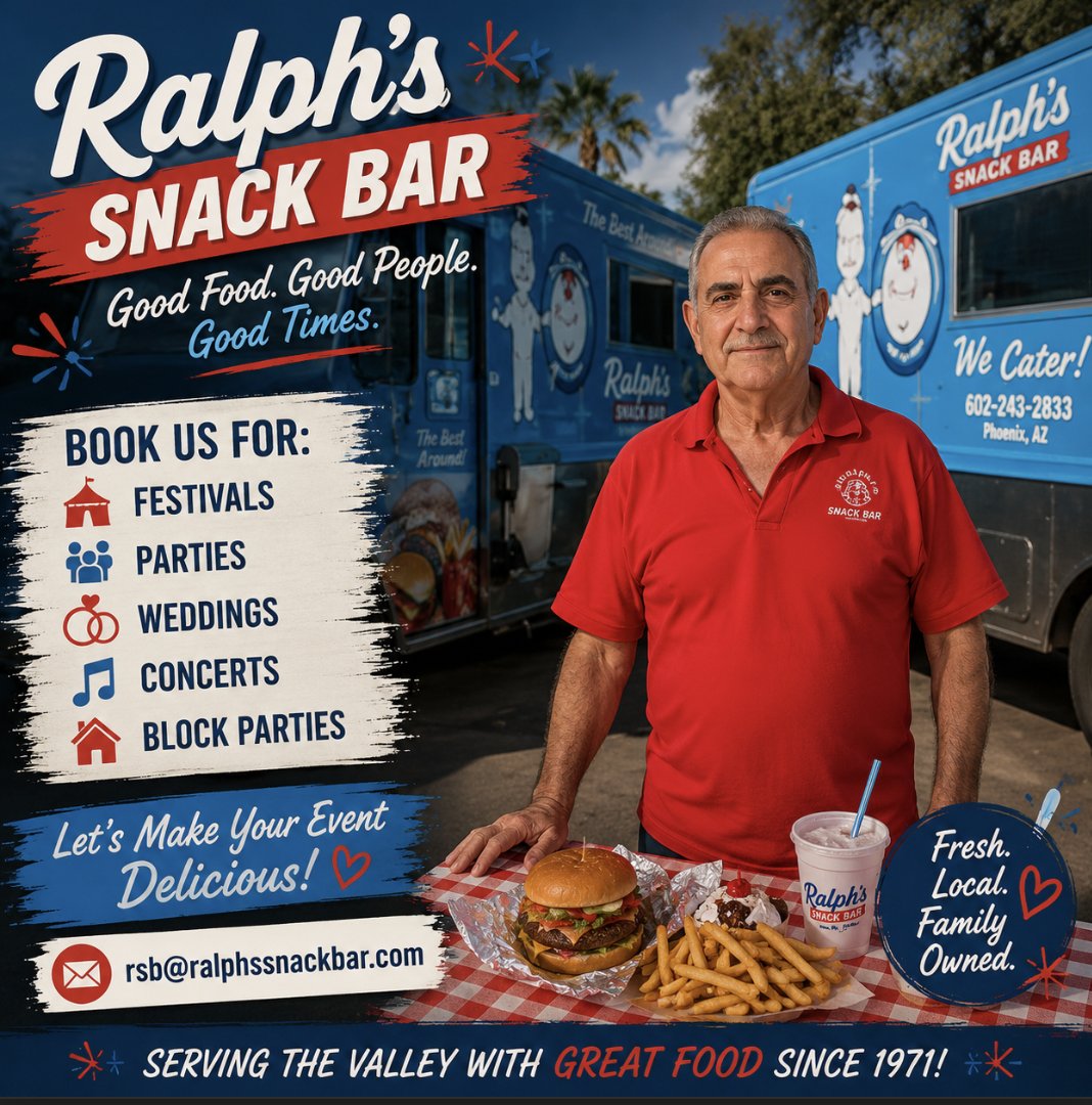 RalphsSnackBar's tweet photo. 🍔💙 A Valley favorite for generations
Ralph’s Snack Bar has been serving up great food, friendly smiles, and unforgettable memories across Phoenix for years 😎 Book today: 

📧 rsb@ralphssnackbar.com https://t.co/DyzTvxRKIF