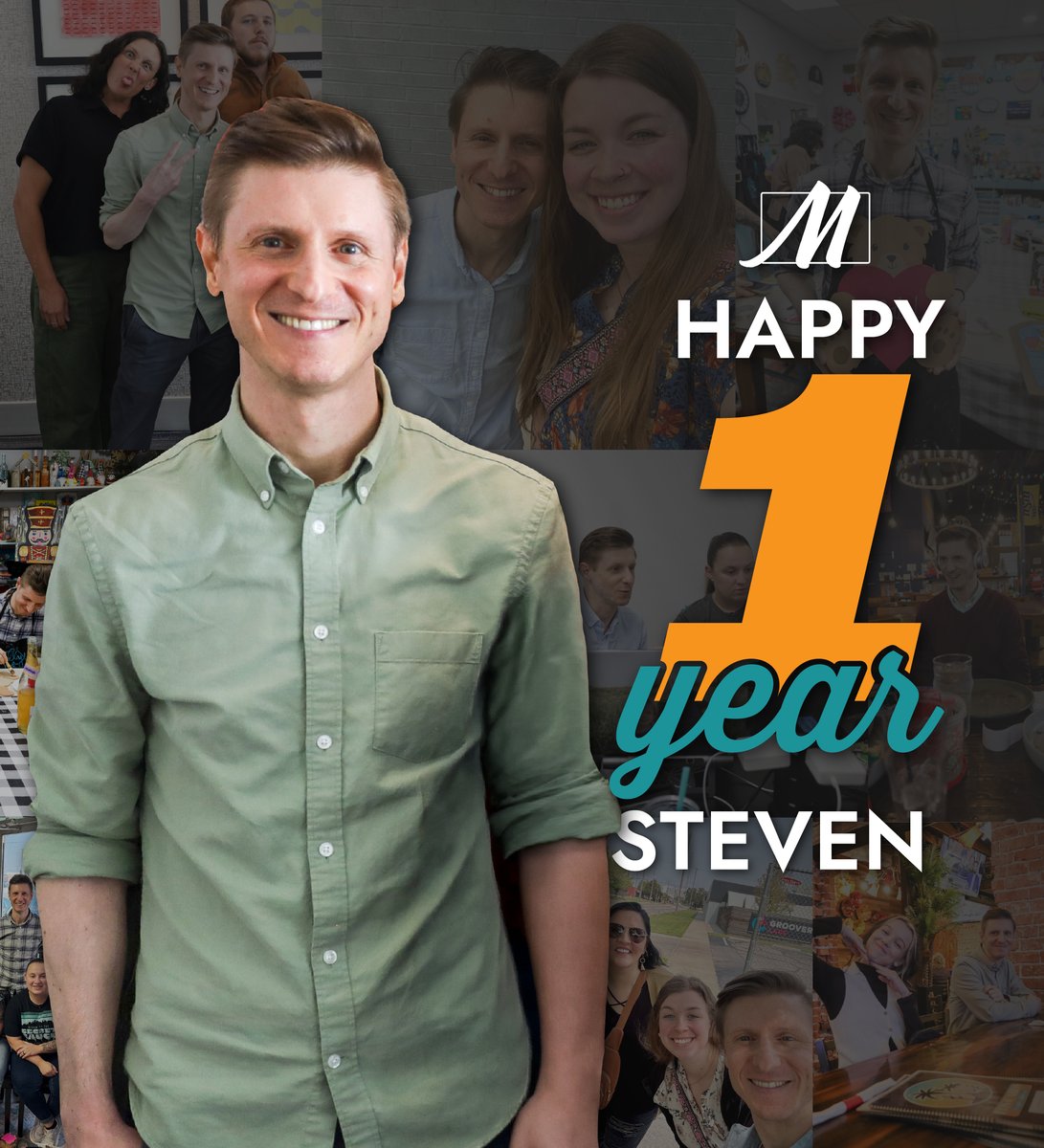 HireAMaven's tweet photo. 🎉👏 How has it already been a whole year since this talented creative joined our team? The last 12 months have been filled with countless graphics, logos, print designs, Photoshop magic, and at least a few conversations about music, typography, or whatever cool thing he’s currently working on. He’s also become a solid voice of reason for the team and a great person to go to for advice. We’re really glad you’re here, Steven. Thanks for all the creativity, talent, and good vibes! #MarketingMaven #WorkAnniversary #CreativeTeam #GraphicDesign #OneYearAnniversary