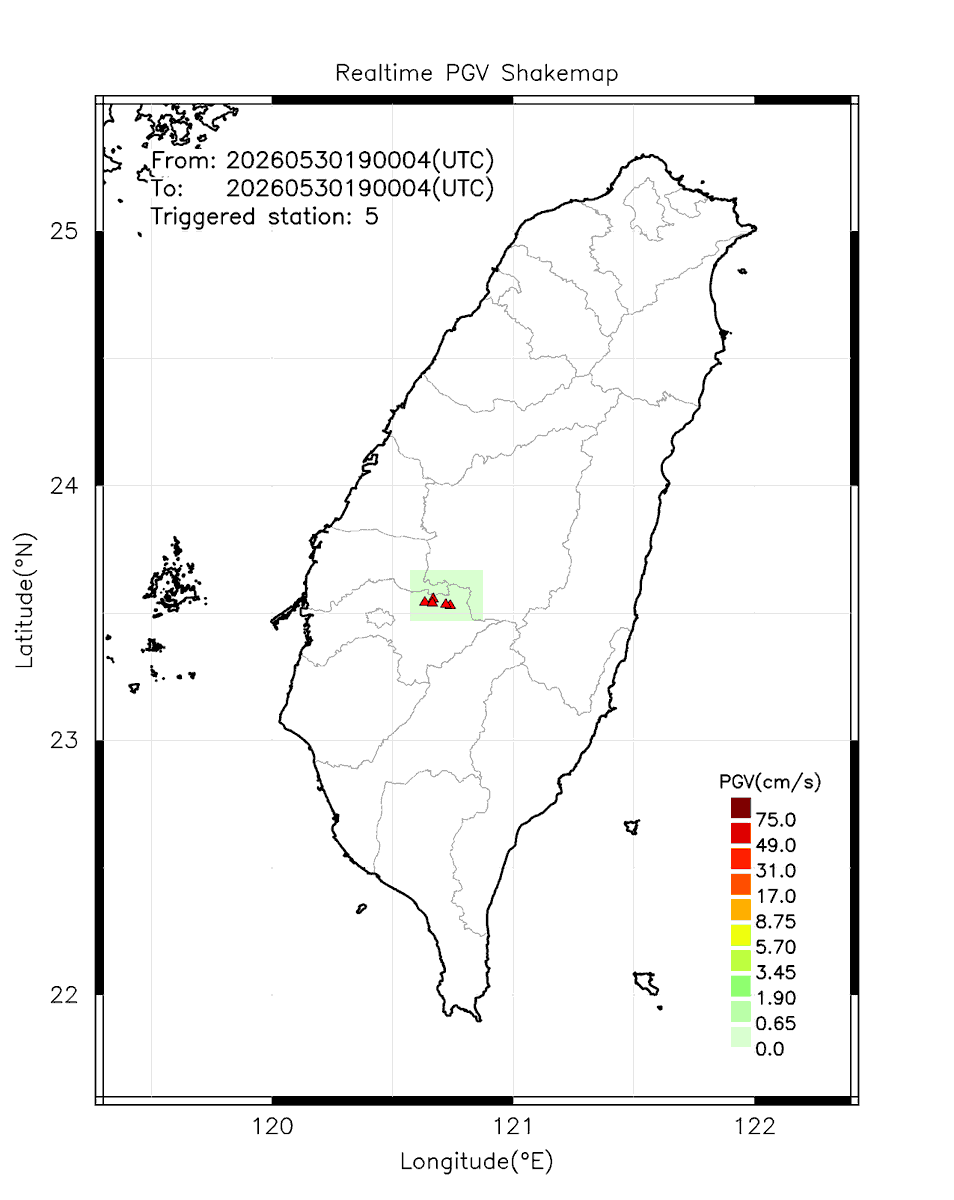 eew_p's tweet photo. Automatically Plotted Shakemaps:
* 2026-05-31 03:00:04 (UTC+08:00, Taipei)
* Evt. 20260531030004, First Report.
* Total 5 triggered stations

Note: These shakemaps are not yet confirmed, for reference only!
#地震 #台灣 #earthquake #Taiwan https://t.co/M08QwfFWaY