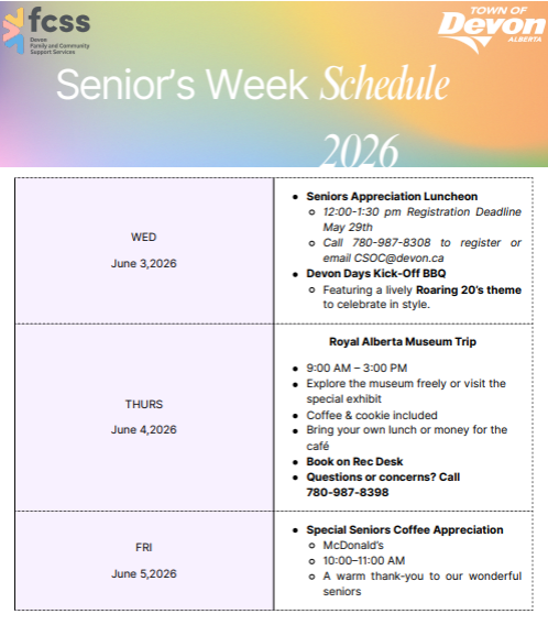 TownofDevon's tweet photo. 🎉 Seniors’ Week kicks off Monday!

Join us as we celebrate the seniors who have helped shape Devon into the caring, connected community it is today.

💙 Thank you to all of Devon’s seniors for everything you do. We look forward to celebrating with you! https://t.co/fYwqomSdBx