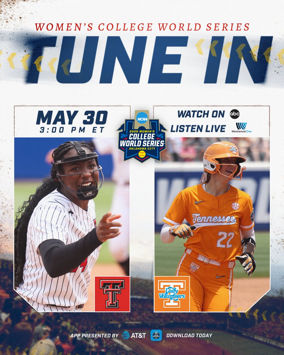 NCAASoftball's tweet photo. 🥎 TUNE IN 🥎

(3) @TexasTechSB 
🆚
(2) @Vol_Softball 

⏰ 3:00 PM ET
📺 ABC 
📻 @westwood1sports 
📲 https://t.co/2QO2igeQwl

#WCWS https://t.co/knFicRBR95