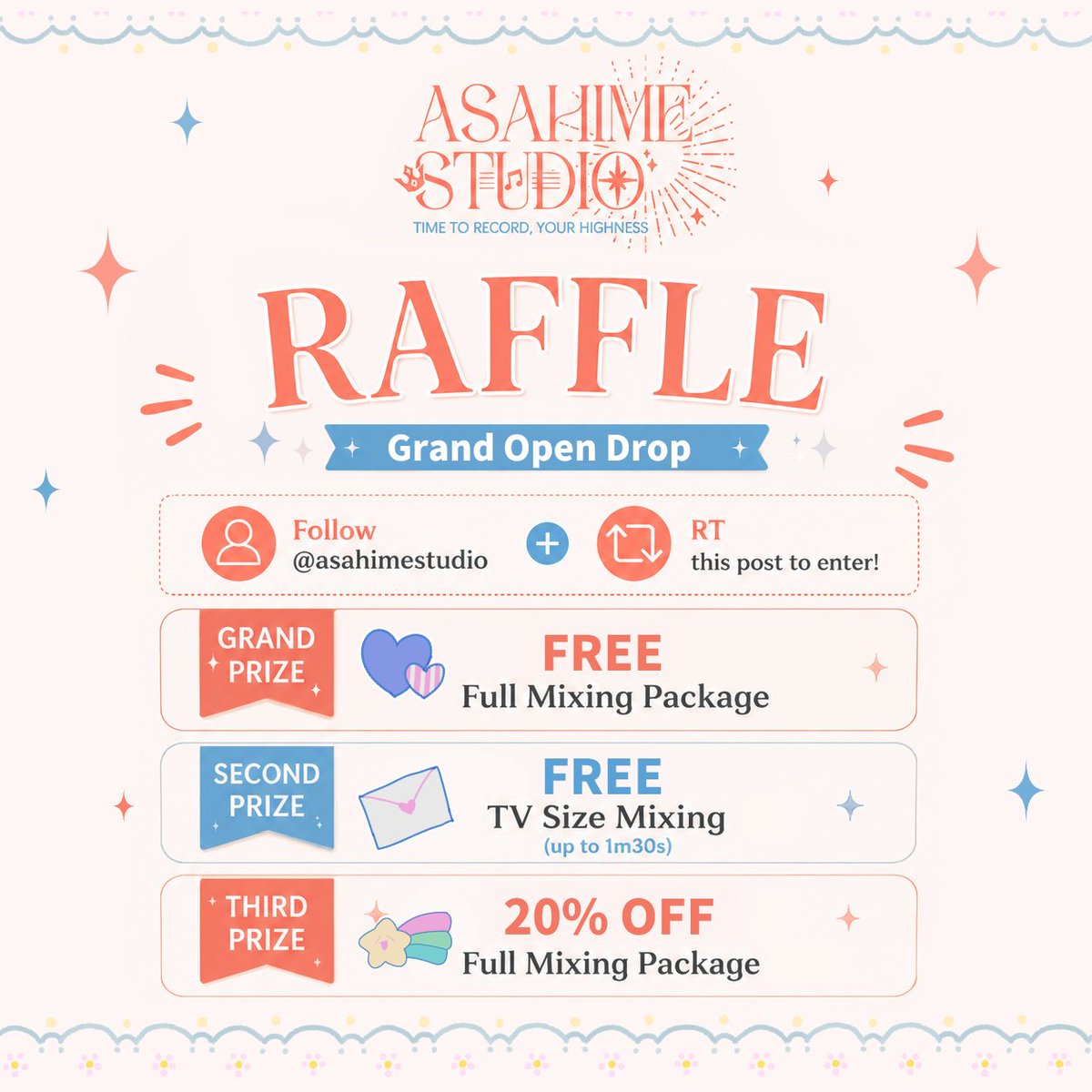asahimestudio's tweet photo. 🎵 Raffle Time  🎶

ASAHIME Studio will be hosting a Mixing raffle to celebrate our studio opening ! ! ! ✨✨

Deadline:
June 13th 2026, 11:59 PM EST | 8:59 PM PST

Rules: 
✦ Follow @asahimestudio 
✦ 🔁RT to enter

Prizes Listed Below ⤵️

Good Luck Everyone ! ! https://t.co/8NGmlfgAin