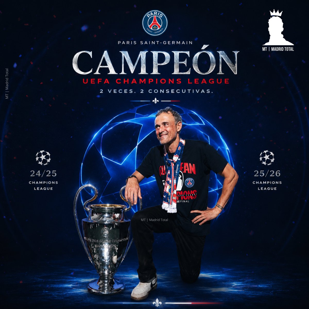 madrid_total2's tweet photo. El PSG es campeón de Champions League por segunda ocasión consecutiva.

El segundo equipo en lograrlo en la historia, detrás del Real Madrid.

Luis Enrique es dios. https://t.co/ySbYdZhSXt