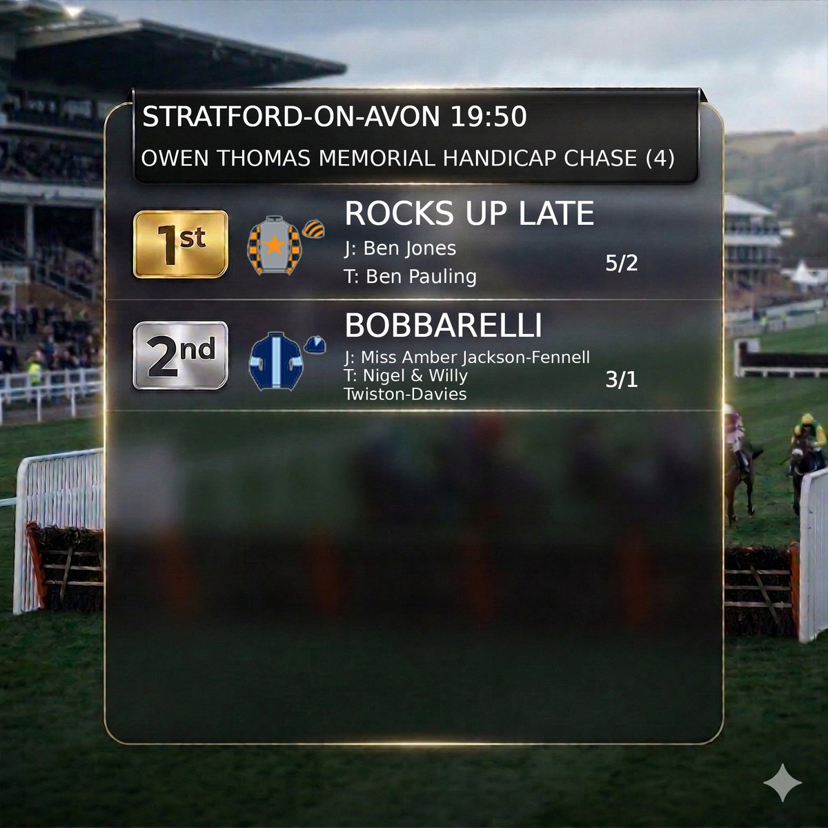 Racing__Results's tweet photo. STRATFORD-ON-AVON 7:50 PM 🏇

1st  ROCKS UP LATE 5/2
2nd  BOBBARELLI 3/1 https://t.co/XvhRZSxmKg
