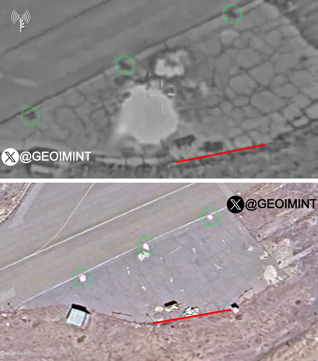 GEOIMINT's tweet photo. Israeli airstrikes on an Iranian F-4 and an Iranian F-5 aircraft.

C [F-4]: 38.123313, 46.258141
C [F-5]: 38.129665, 46.256568
S: https://t.co/dBJKU4geJe https://t.co/wmJ4T5Ts7n